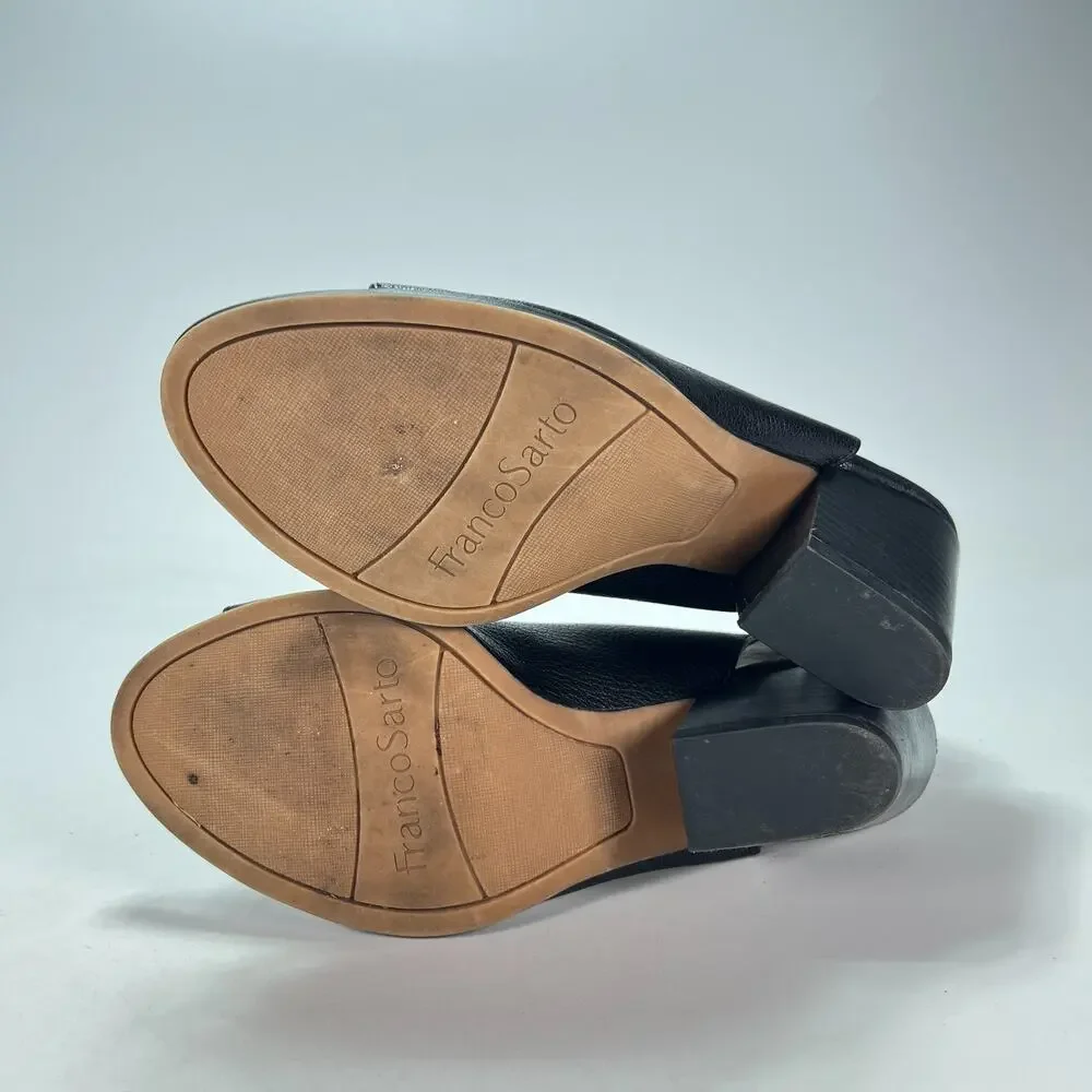 Franco Sarto Black Leather Peep Toe Front Zip Block Heel Sandals Women's Size 6M